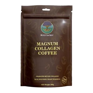 Premium tub of Magnum Collagen Coffee powder, front-facing with clean Root & Sky packaging design.