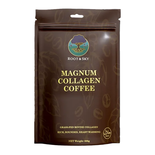 Premium tub of Magnum Collagen Coffee powder, front-facing with clean Root & Sky packaging design.