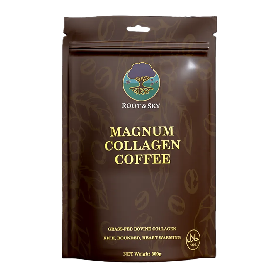 Premium tub of Magnum Collagen Coffee powder, front-facing with clean Root & Sky packaging design.