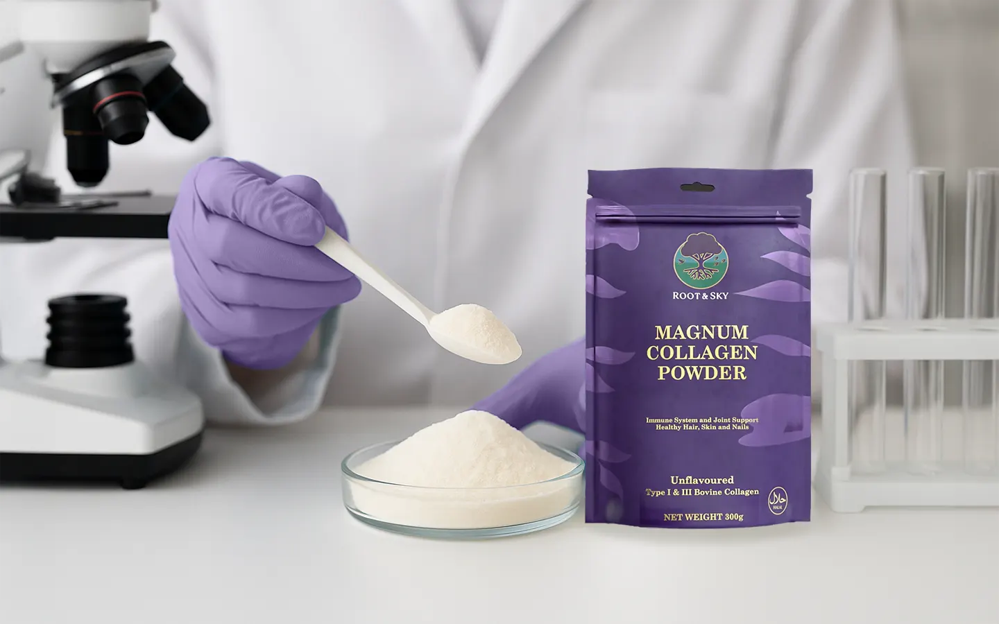 A lab technician in a white coat and blue gloves scoops collagen powder from a glass dish beside a white container labeled "COLLAGEN," with a microscope and test tubes in the background.