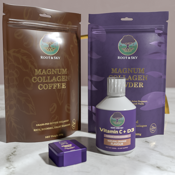 Root & Sky Family Pack Bundle displayed on a marble surface, featuring Magnum Collagen Coffee, Magnum Collagen Powder, Vitamin C + D3 liquid, and Mastic Gum tin.