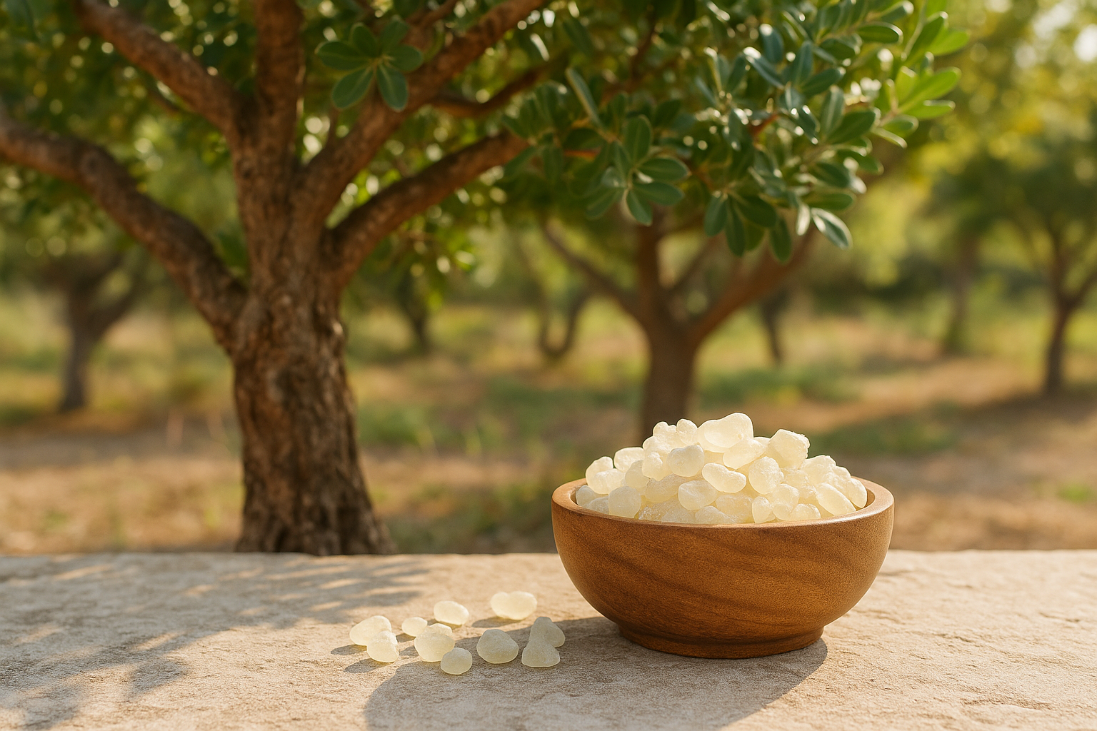 A wooden bowl filled with translucent mastic gum crystals sits on a stone surface beneath a sunlit mastic tree in a Mediterranean grove.