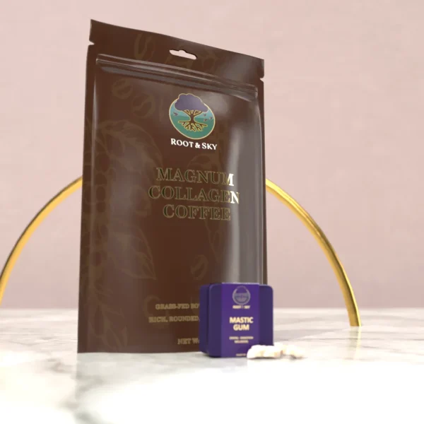 Root & Sky Morning Ritual set featuring a pouch of Magnum Collagen Coffee and a tin of Mastic Gum with gum pieces displayed.