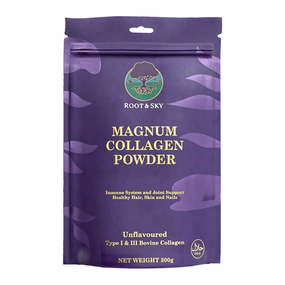 Magnum Collagen Powder in a sleek Root & Sky container, displayed upright with minimalist packaging.