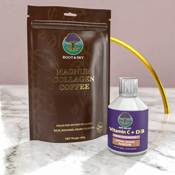 Root & Sky Starter Duo set featuring a pouch of Magnum Collagen Coffee and a bottle of Vitamin C + D3 liquid supplement.