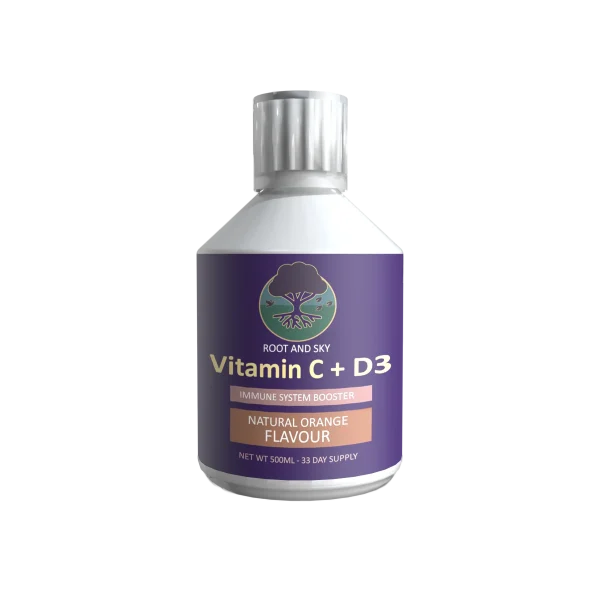Bottle of Root & Sky Vitamin C + D3 liquid supplement, natural orange flavour, 500ml with a 33-day supply.