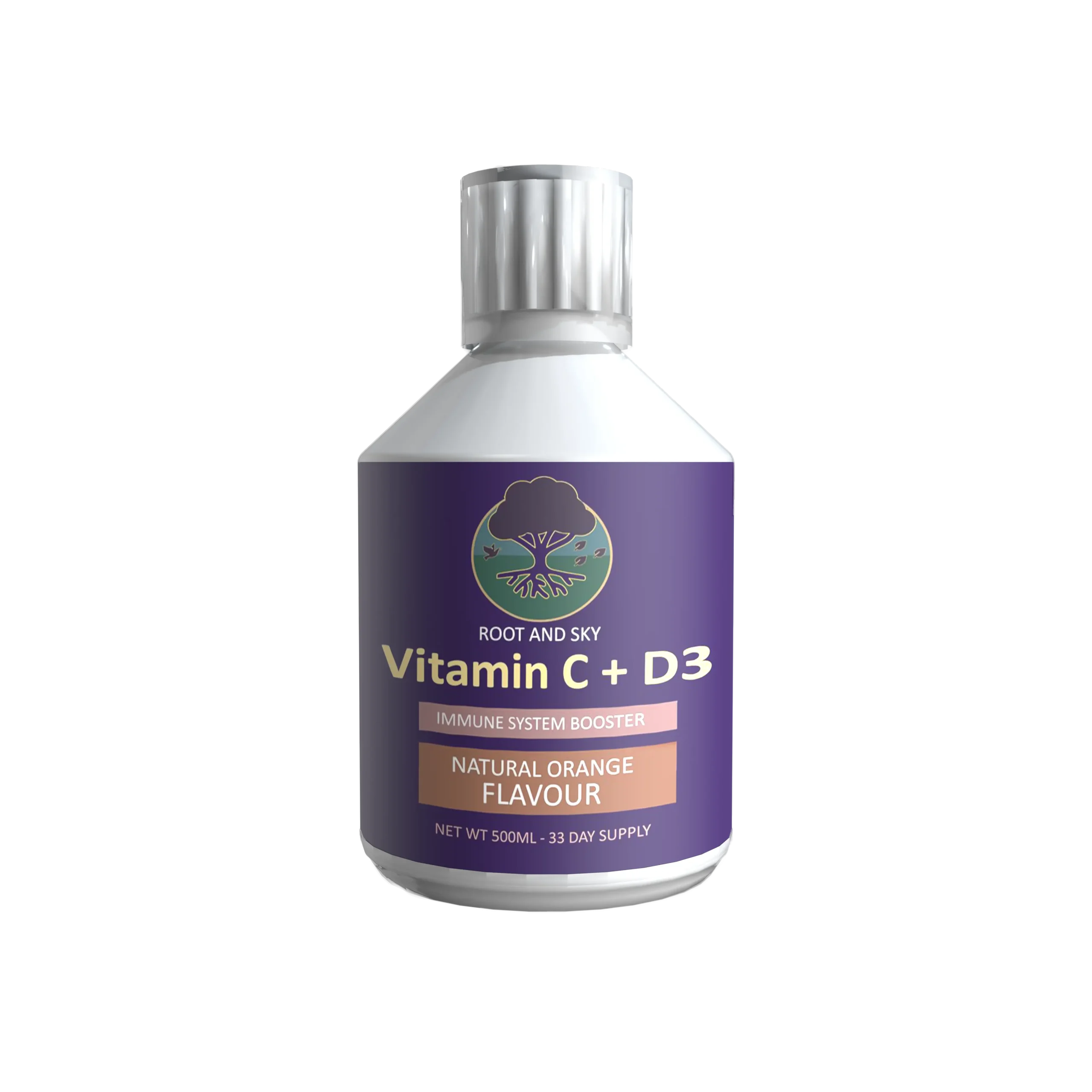 Bottle of Root & Sky Vitamin C + D3 liquid supplement, natural orange flavour, 500ml with a 33-day supply.