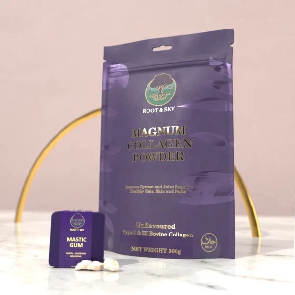 Root & Sky Magnum Collagen Powder pouch with a tin of Mastic Gum and gum pieces displayed on a marble surface.